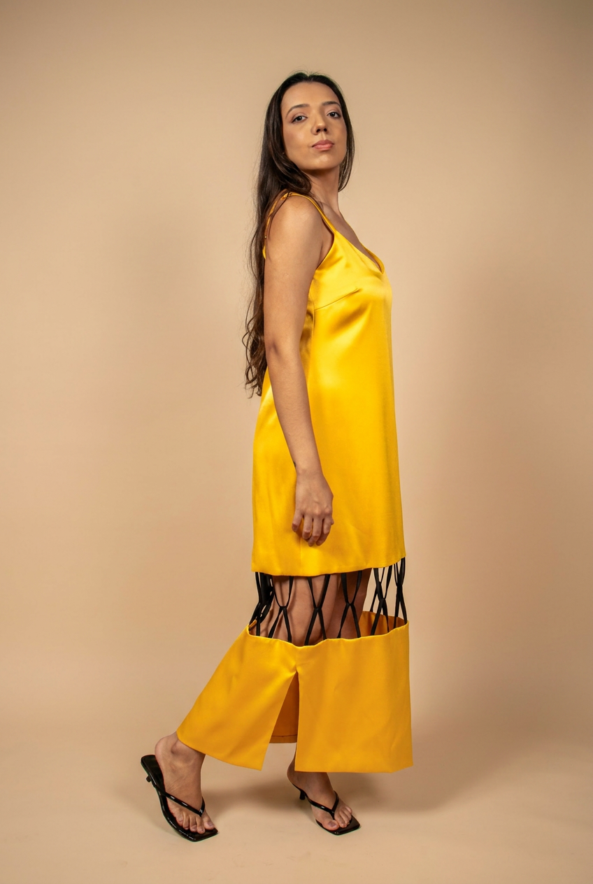 Vestido Entrelaços Amarelo com Preto